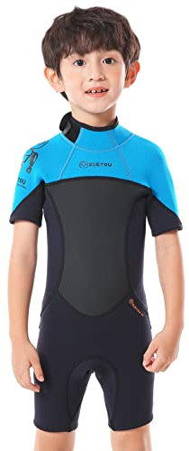L SERVER Kinder Neoprenanzug Jungen 2.5mm Neopren Kurzer Schwimmanzug Mädchen Warme Nassanzüge Elastischer Sonnenschutz Tauchanzug, Blau, 134-140