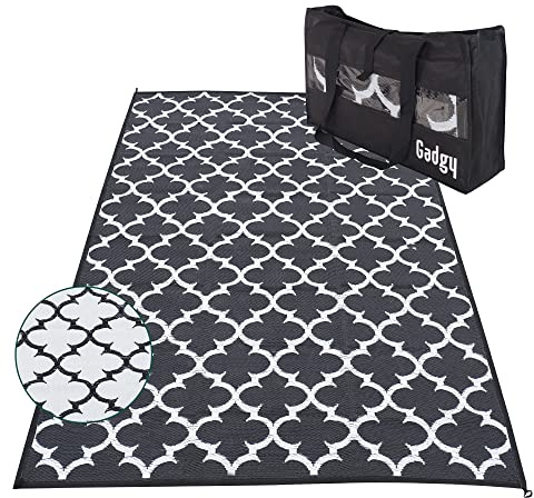 GadgyTappeto da Esterno Resistanti alle Intemperie Elegante Tappeto per Balcone Impermeabile e Anti-Raggi UV - Tappeto da Giardino Nero con Sacca da Trasporto - 230 x 160