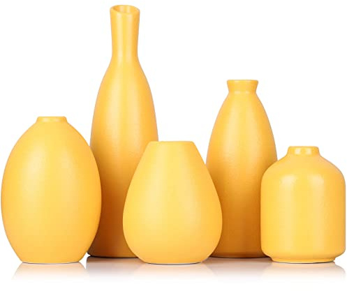 Gelbe Keramik Knospen Vasen Set von 5, Bauernhaus Dekor, Kamindekor, Kaminsims & Regal Dekor, Heimdekoration für Wohnzimmer, Eingang, Badezimmer & Büro, Couchtischdekoration, Knospenvasen Bulk