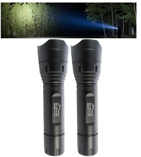 DIY TECH UK - Super Bright LED Torch - 300m Range - 2-Pack - Zoomable | Next Generation LED Technology - 5 Functions - Tough - 15cm Pocket Torch - Anti-Slip - Aerospace Grade Aluminium Body - Black