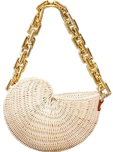 Dinntty Damen-Umhängetasche, Rattan-Muscheltasche, Korbgeflecht, Handtasche, Sommer-Strand-Strohtasche, Umhängetasche, Reise-Freizeittasche
