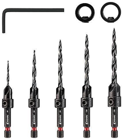 EZARC Wood Countersink Drill Bit Set, 4, 6, 8, 10, 12 Tapered Drill Bits with 1/4 Hex Shank Quick Change, Counter Sinker Set for Carpentry and Woodworking