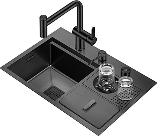Spüle, Küchenspüle, Spüle mit Mülleimer, Bartheke, Glaswaschbecken, Edelstahl, schwarze Nano-Einzelspüle, Tischsteuerung, Abfluss