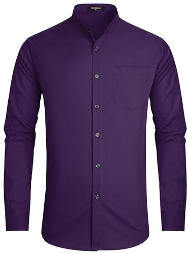 HISDERN Chemise Homme Manches Longues Couleur Unie Chemise Col Mao Homme Chemise Bouton de Manchette pour Mariage Affaires Casual S-4XL