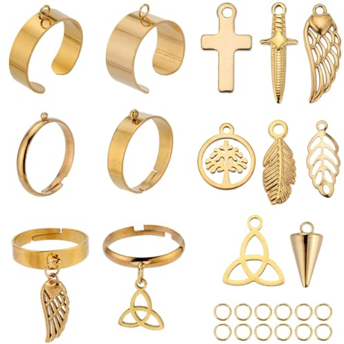 SUNNYCLUE 8 SET 36PCS Impostazioni per Anelli In Acciaio Inossidabile Anelli Regolabili Fai Da Te In Oro Croce In Metallo Albero Della Vita Ciondoli con Nodo Trinità Anelli per Dita Componenti per Kit
