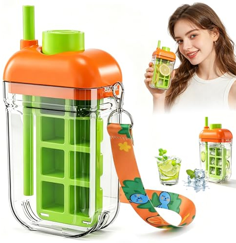 2 in 1 Ice Bottle Cup, Portable Ice Cube Bottle, Water Bottle-Ice Cube Tray with Lid & Reusable Easy Release I-ce, Ice-Cube Cup with Straw for Home Office Gym Camping Outdoor Travel