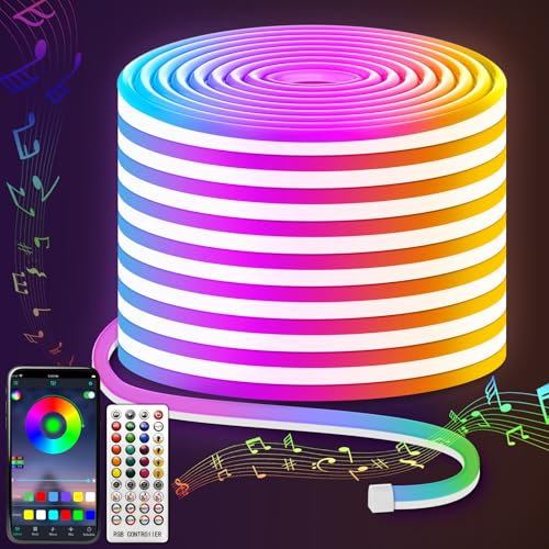 Lucienstar RGB Neon Rope Light 15M, IP67 Waterproof Flexible LED Neon Lights Strip with Remote & APP Control, Music Sync for Bedroom, Garden, Party Decor [Energy Class F]