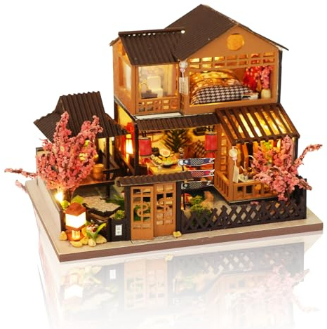 Cuteefun Japanische Izakaya Miniatur-Puppenhaus Kit mit LED Licht | 3D Holz Puzzle Handmade Bastelkunst für Erwachsene Jugendliche, Geschenk zu Weihnachten Geburtstag (Kirschblüten Hof)