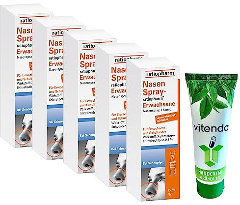 Nasenspray Ratiopharm 5x15ml inclusive einer Handcreme von vitenda - die zuverlässige Lösung bei Schnupfen mit verstopfter Nase, befreit schnell und effektiv