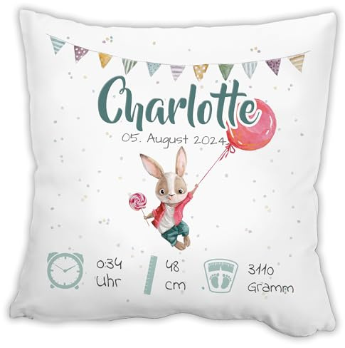 Unikatolo Personalisiertes Kissen zur Geburt (HASE Ballon) 40x40 cm mit Name, Datum, Gewicht, Uhrzeit, Geschenkidee Baby erster Geburtstag, Taufe Kinderzimmerdeko Geburtsgeschenk Mädchen oder Junge