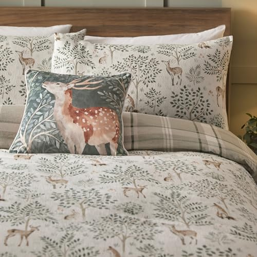 Dreams & Drapes - Housse de Couette Cerf Forêt Naturelle - Lit Simple (140x200cm) - Design Réversible - Super Doux 100% Coton - Housse de Couette Flanelle Naturel - Parure de Lit Woodland Naturel