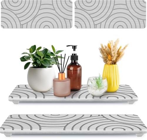 NiHome Lot de 2 Plateaux de Salle de Bain en Terre de diatomée, Tapis de séchage pour Cuisine et Salle de Bain, Organiseur Non Toxique Absorbant l'humidité avec Tampon antidérapant et Papier de Verre