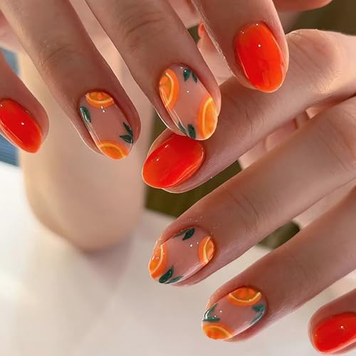 Ceboic 24 Stück French Press on Nails Kurz, Orange Oval Fingernägel zum Aufkleben, Artificial Künstliche Nägel Vollabdeckung Französisch Falsche Nägel Acryl Sommer Fingernägel für Frauen Mädchen