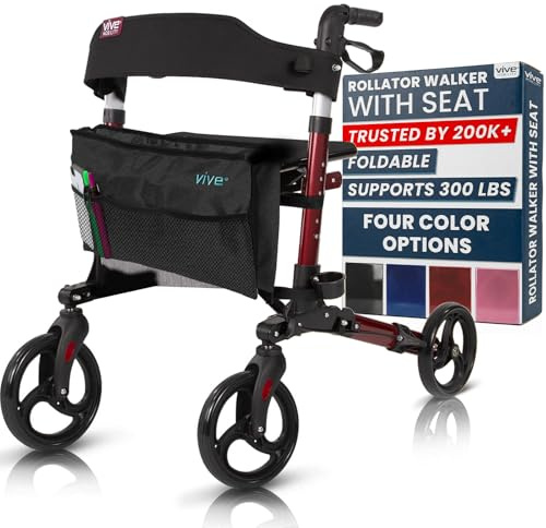 Vive Mobility Rollator Walker with Seat - Folding 4 Wheel Medical Rolling Walker with Bag - Mobility Aid for Adult, Senior, Elderly & Handicap - Aluminum Transport Chair