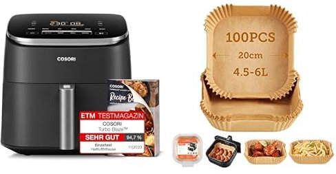 Cosori Turboblaze Heißluftfritteuse Airfryer, 9-in-1 Air Fryer XXL 6L, leiser DC Motor mit 5 Geschwindigkeitsstufen+ Cosori Backpapier für Heißluftfritteuse XXL 4-7,3 L, 100 Stück 20 cm