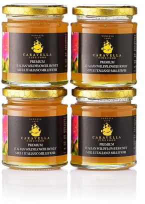 Caravella Fine Food -4x Miel italiana de flores silvestres 250 g - Cremosa, floral, rica, fragante, bien redondeada - Miel pura, cruda, sin pasteurizar - Edulcorante natural (250 x 4(1 kg))