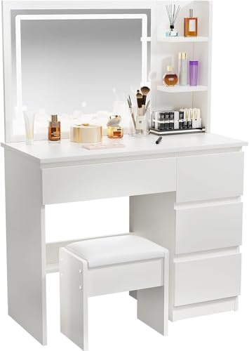 ZenkiHome Coiffeuse, table de maquillage avec miroir et lumières réglables, coiffeuse avec tabouret pour filles et adultes