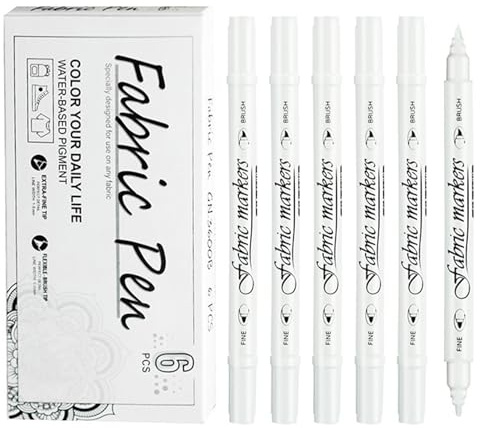 Rnigra 6pcs White Fabric Pens Permanent for Clothes, Permanent Fabric Markers, Fabric Paint Pens, Dual Tip Fabric Pen for DIY Painting on T-Shirts, Canvas Handbags, Cushions, Shoes, etc.