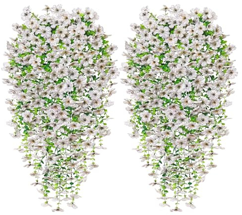 Betylifoy Artificial Hanging Flowers 4PCS Artificial Hanging Plants Outdoor UV-Resistant Fake Hanging Flowers Artificial Trailing Plants for Garden Patio Wedding Outdoor Decor (White)
