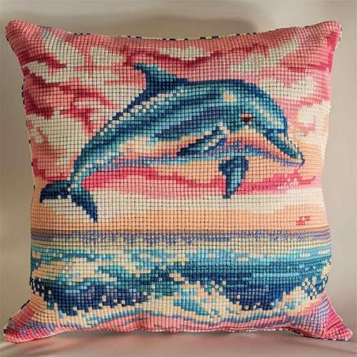 YarnAdventures Knüpfkissen Set,Tierischer rosa Delfin,Latch Hook Kissen Kit für Anfänger zum Selber Knüpfen,DIY Knüpfteppich Knüpfpackung,Knüpfhaken Set,17x17in