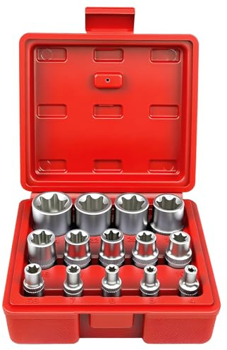 AFEPHE Juego de 14 Llaves Torx Exteriores 1/4 3/8 1/2, Set de Llaves Torx E4, E5, E6, E7, E8, E10, E11, E12, E14, E16, E18, E20, E22, E24 (Rojo)