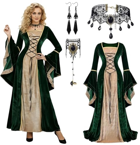 Abito Medievale Donna, Abito Donna Velluto con Collana e Orecchini, Abiti Rinascimentale, Abiti Velluto Verde, Costume Medievale con Maniche a Campana, Ccostume Carnevale per Festa Cosplay (Verde, M)
