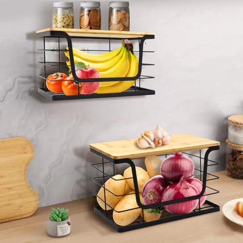 Yiomxhi 2 Stück Hängekorb Küche mit Holz Deckel, Stapelbar Obstkorb Hängend Drahtkorb für Arbeitsplatte oder Wandmontage, Hängeorganizer Wandkorb Aufbewahrungskorb Küchenorganizer, Schwarz