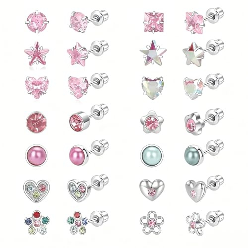 14 Pairs Flat Back Earrings Stud Earrings for Girls Hypoallergenic Earrings | Surgical Steel, Back Flat Back Stud Earrings, Cute Pink Earring Set, Multiple Trendy Styles, Gentle on Sensitive Ears