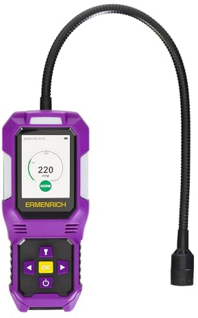Ermenrich NG50 Detector de Gas Combustible con Sonda Portátil Alarmas Acústicas y Visuales Vibración Pantalla LCD Localiza Acetileno Butano Propano Registro de Datos Linterna Casa Bricolaje