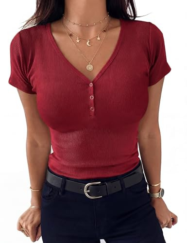 Aottori T Shirt Femme Col V Boutons Décoratifs Haut Côtelé Manches Courtes | Doux et respirant, boutons décoratifs, texture côtelée souple, silhouette ajustée, facile à porter du bureau aux sorties