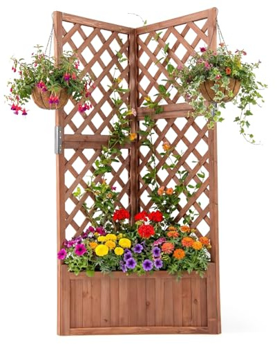 RELAX4LIFE Pflanzkasten mit Rankgitter, Blumenkasten Holz mit Rankhilfe & Ablauflöchern, Eck-Hochbeet mit Spalier für Kletterpflanzen, Pflanzkübel für Garten, Hof, Terrasse, 55 x 55 x 140 cm (Braun)