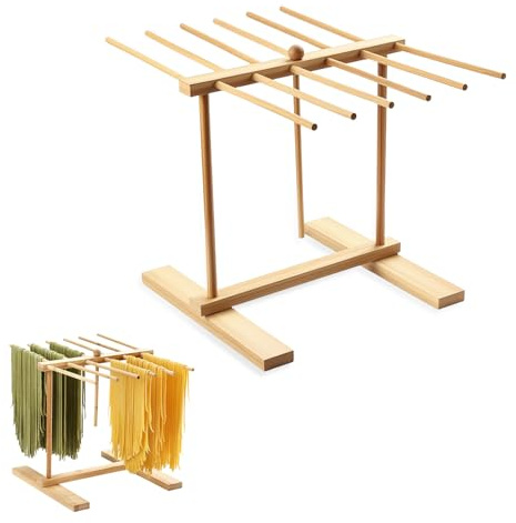 Bamboo Pasta Drying Rack, Natural Bamboo Pasta Hanger Stand 12 Bars Noodle Drying Tree Collapsible Wooden Noodle Stand for Homemade Fresh Spaghetti
