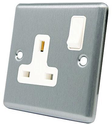 AET CSC1GSOCWH Satin Chrome Classical 1 Gang White Insert Plastic Rocker Switch-13 Amp Single Plug Socket