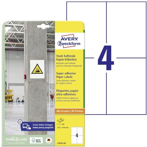 AVERY Zweckform L7876-20 Stark haftende Etiketten (80 Aufkleber, 105x148mm auf A4, extrem stark selbstklebend, auch für schwierige Oberflächen, bedruckbare Power Klebeetiketten) 20 Blatt, weiß
