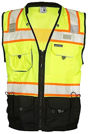 Kishigo Premium Black Series Men's Surveyors Vest S5002, Class 2 Hi-Vis Safety Vest, 10 Pockets with Reinforced Front Zipper Closure & Durable Webbing, ANSI/ISEA 107 Compliant (Lime/Black, MED)