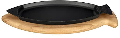 LAVA Padella per pesce in ghisa con manico e base in legno, 20 x 32 cm
