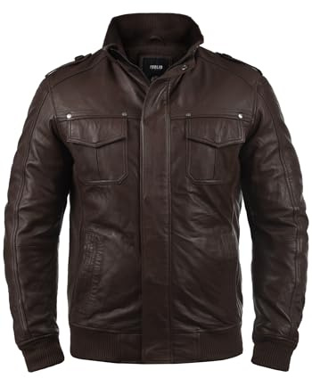 Solid Camash läderjacka för män med ståkrage tillverkad av 100 % äkta läder, Brun (5066), 3XL