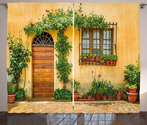 ABAKUHAUS Italien Rustikaler Gardine, Leben in der Stadt in der Toskana, Schlafzimmer Kräuselband Vorhang mit Schlaufen und Haken, 280 x 225 cm, braun Grün