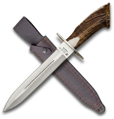 Joker Guepardo CN29 Jagdmesser mit Hirsch Antler Griff and 30 cm Klinge, Leather Scheide Included, Fischen, Camping- und Wanderwerkzeug