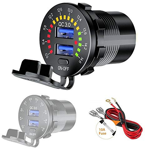 Thlevel Auto QC3.0 USB Ladegerät KFZ Dual 9V-32V 36W Schnellladung Metal | mit LED Stromspannung Anzeige Switch für Fahrzeuge KFZ Boot Motorrad SUV Bus LKW Wohnwagen Marine