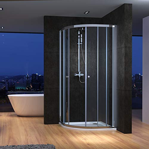 IMPTS Duschkabine 80 x 80 x 185cm mit Duschtasse & Ablauf | Viertelkreis-Dusche Eckdusche 6mm Glas ESG Runddusche Duschtasse Satiniert Schiebetür