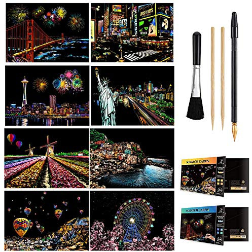 Scratch & Sketch Art Paper A4 für Kinder & Erwachsene, Rainbow Painting Night View Art & Craft, Gravur Art Set: 8 Blatt Scratch Cards & Scratch Drawing Pen, Clean Brush (USA + Europa)