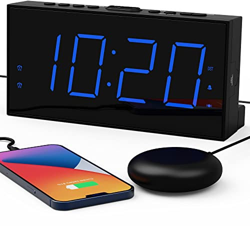 ROCAM Loud Alarm Clock with Bed Shaker for Heavy Sleepers, Vibrating Dual Alarm for Hearing-Impaired, Deaf, 7.5'' Screen, 12/24H, DST, Snooze, 5 Dimmer, 5 Volume Levels-Blue