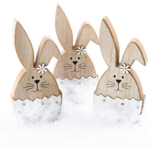 Logbuch-Verlag 3 kleine Osterhasen Hasen Figuren 19 cm Deko Ostern Geschenk weiß mit Federn aus Holz Geschenkidee