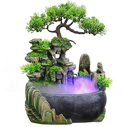 Tabletop Fountain, Atomizing Desktop Humidifier with Rockery & Bonsai, Zen Meditation Indoor Relaxation Waterfall Feature, Illuminated Waterfall Fountain Indoor for Home Office Bedroom Desk Decor