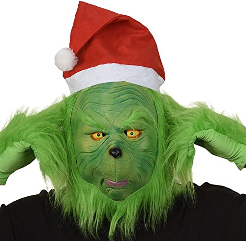 Senua Grinch Mask with Santa Hat Christmas Mask and Gloves Costume Props Scary Latex Full Head Mask for Adults Cosplay Party Props