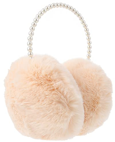 VALICLUD Warm Earmuffs for Women Winter Plush Earmuff with Pearl Headband Ear Muff Faux Fur Ear Warmers Ear Cover Ear Muffs for Kids Girls Women (Black)