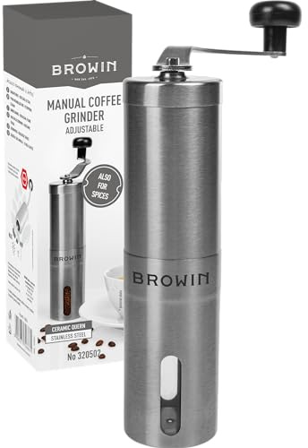 Browin 320502 Handkaffeemühle - einstellbar, Kaffeemühle, Mühle für Kaffee, Salz und Gewürze aus Stahl, Mahlgradeinstellung, Silber