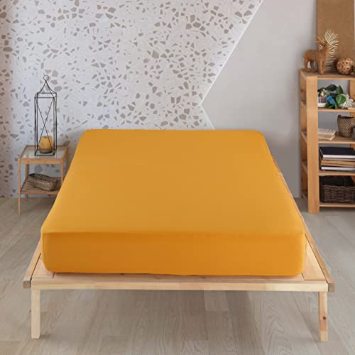 Vency Premium Jersey Spannbettlaken 180x200cm Senfgelb - Spannbetttuch 100% Baumwolle, Bettlaken 180x200 Bis 35 cm Matratzenhöhe Senfgelb