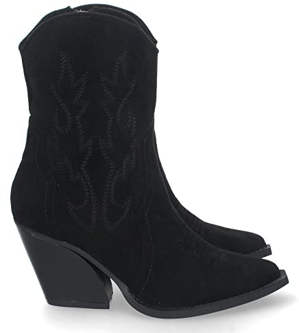 66679-Botin de Tacon Campero para Mujer, Bordado en Cana y Empeine, y Cierre de Cremallera, Otono Invierno 2021. Talla 40 Negro